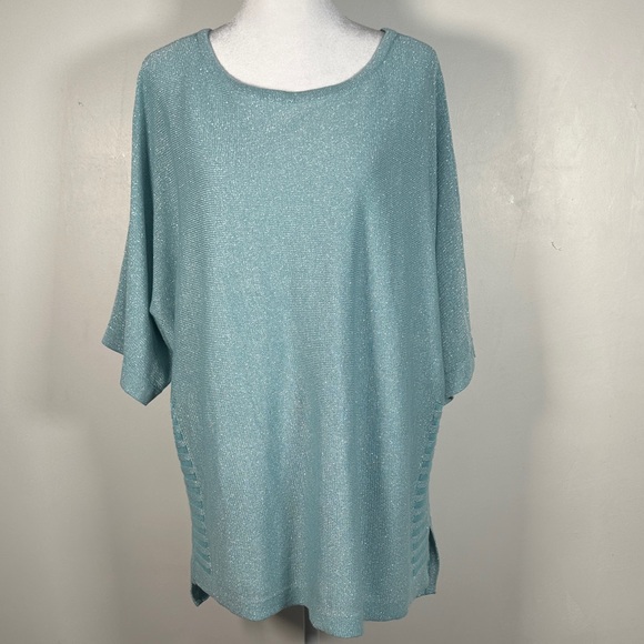 Chico’s Baby Blue Sparkle Metalic oversized Top, Size 3  (XL) - Picture 3 of 12